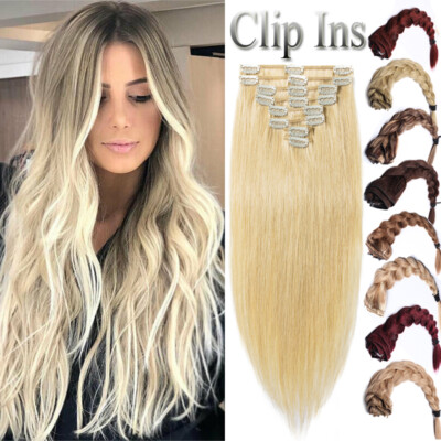8-24Inch 8PCS Clip In On 100% Remy Human Hair Extensions Full Head Weft Blonde F