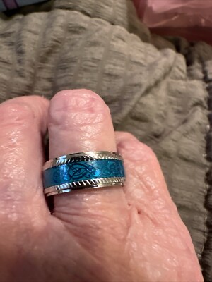 8mm Wide Tungsten Steel Silver Ring With Turquoise Design Line In Middle Size 7