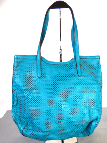 Lauren Ralph Lauren Bag Turquoise Blue Cutout Perforated Faux Leather Tote - Picture 1 of 12