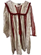 Anthropologie Chantik Joselle Dress Size XL Boho Red Cream Print Cotton Fringe