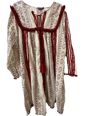 Anthropologie Chantik Joselle Dress Size XL Boho Red Cream Print Cotton  Fringe | eBay