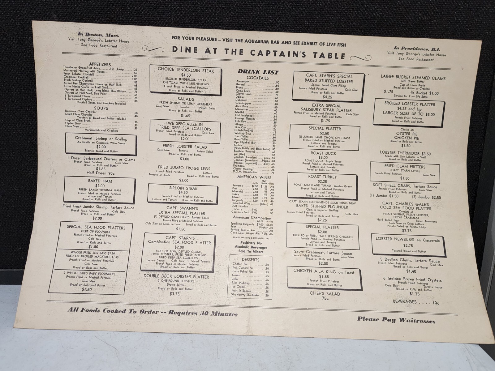 VINTAGE 1950's/1960's CAPTAIN STARNS Restaurant Menu ATLANTIC CITY NEW