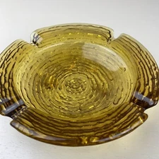Vintage Amber Gold Glass 4 Slot Cigarette Ashtray 6 in. Heavy MCM Antique