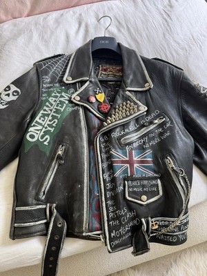 SELTENE EINZIGARTIGE VINTAGE DEUTSCHE LEDER MOTORRAD JACKE - HANDBEMALTE KUNST