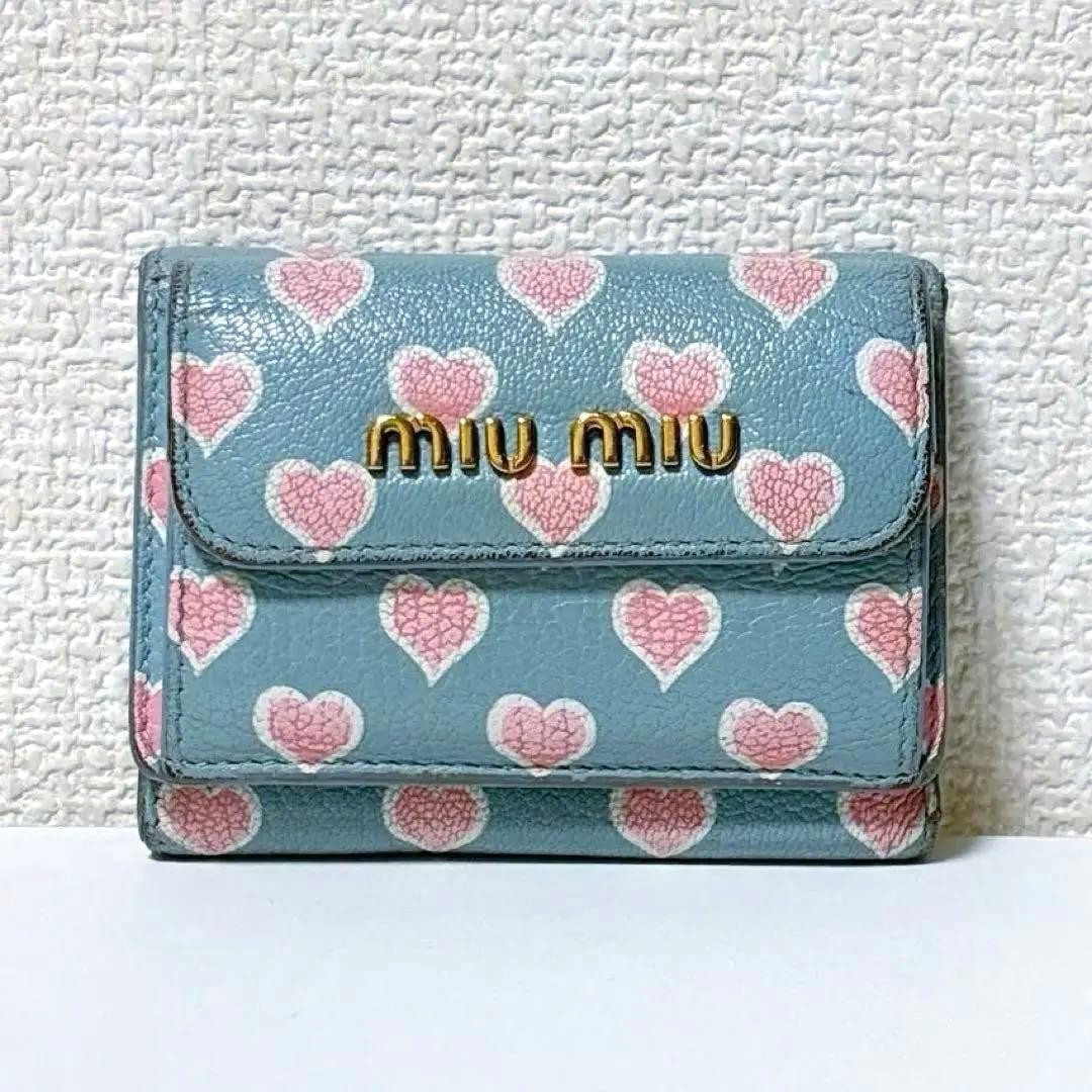 Miu Miu Trifold Wallet Purse Logo Hardware Heart Leather Light Blue Luxury Japan