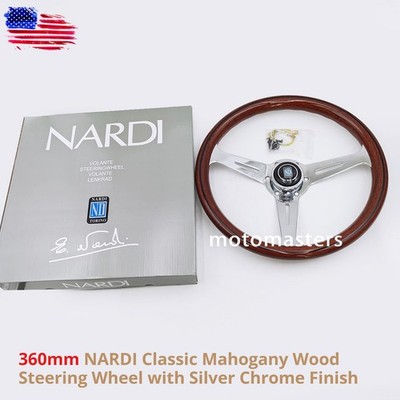 360mm NARDI Classic Mahogany Wood Steering Wheel with Silver Chrome Finish