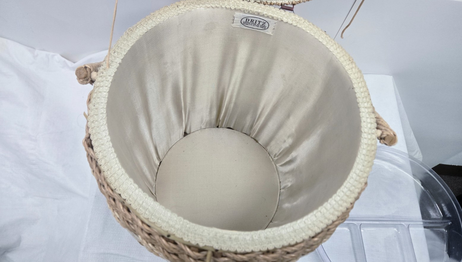 Vintage Dritz Large Round MCM Sewing Basket Woven Wicker Organizer Tray