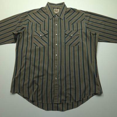VTG Ely Cattleman Mens Shirt XL Brown Blue Striped Western Pearl Snap Cowboy