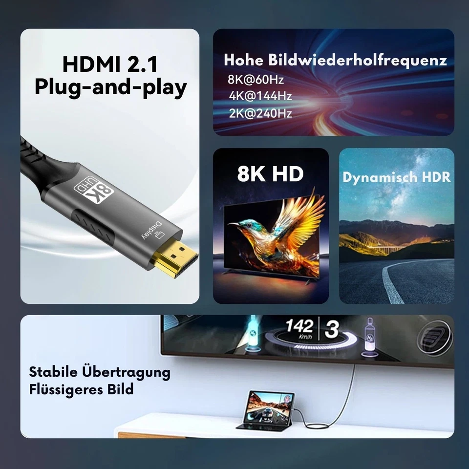 USB C auf HDMI Kabel 8K 60Hz 4K 120Hz Typ C Adapter für MacBook iPad TV - Bild 3 von 4