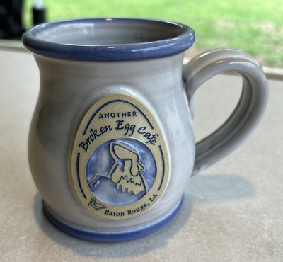 Another Broken Egg Cafe Deneen Pottery Coffee Mug Baton Rouge LA Light Blue Rim
