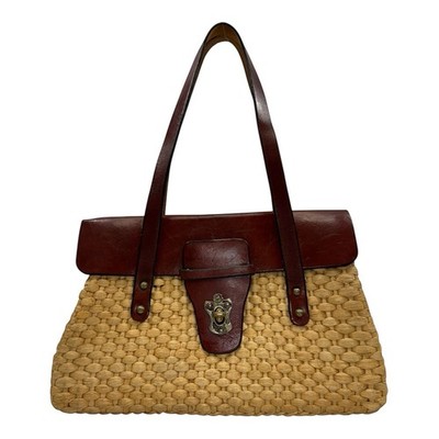Vintage 60s 70s JOHN ROMAIN Woven Straw Leather Satchel Bag