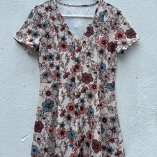 Floral Summer Dress Womens Medium 36” Tan Floral Knit Pullover Knee Length Retro