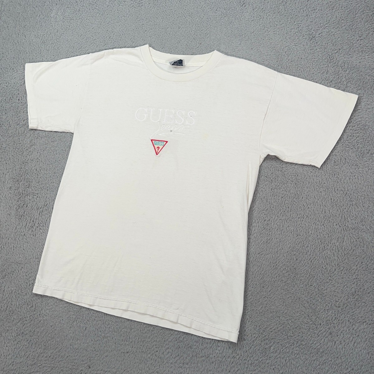 VINTAGE Guess Jeans Shirt Mens Medium White Embroidered Single Stitch  Workwear