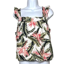 LOFT Tropical Floral Ruffle Strap Linen Blend Tank Top Size M