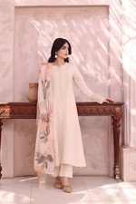 Women Off-White Embroidered 3 Piece Lawn Shalwar Kameez Pakistani Indian Dress
