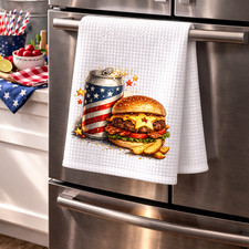 4th of July Kitchen Towel 16x24 Waffle Weave Patriotic BBQ Americana Decor