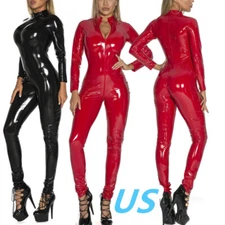 Women's Shiny Patent Leather Bodysuit Long Sleeve Zipper Jumpsuit Leotard