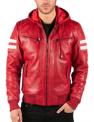 Men's Red Hood Stripes Quilted Slim Fit Biker Retro Real Leather
