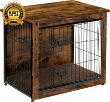 Dog Crate Furniture with Cushion, Wooden Kennel Table with Double Doors, Indoor