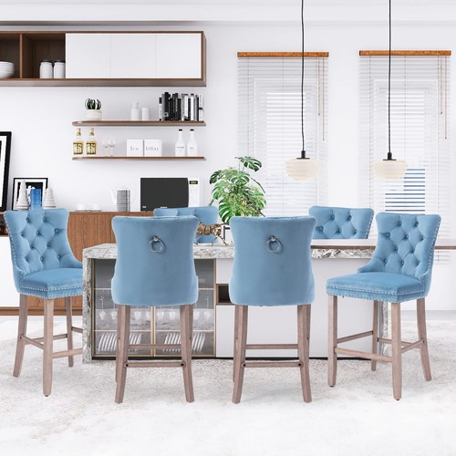 SOAR FLASH Velvet Upholstered Bar Stools Set of 6 w/Wood Legs Metal Pulling Ring - Picture 2 of 64