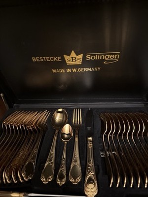 SBS Bestecke Solingen 70PC 23/24 Gold plated Flatware Set Pristine New