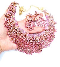 Pink Crystal Choker Rhinestone Necklace Earring Set Bridal Prom Pageant