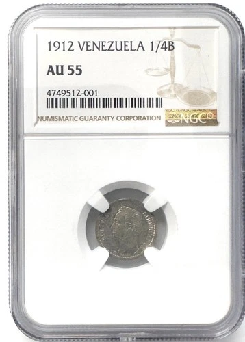 1912 Venezuela 1/4 Bolivar - 25 centimos NGC AU55 Simon Bolivar Silver Coin