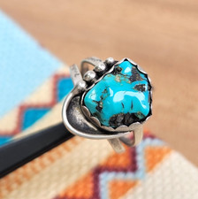 Vintage Old Pawn Navajo Sterling Silver Freeform Blue Turquoise Ring Size 7 Band