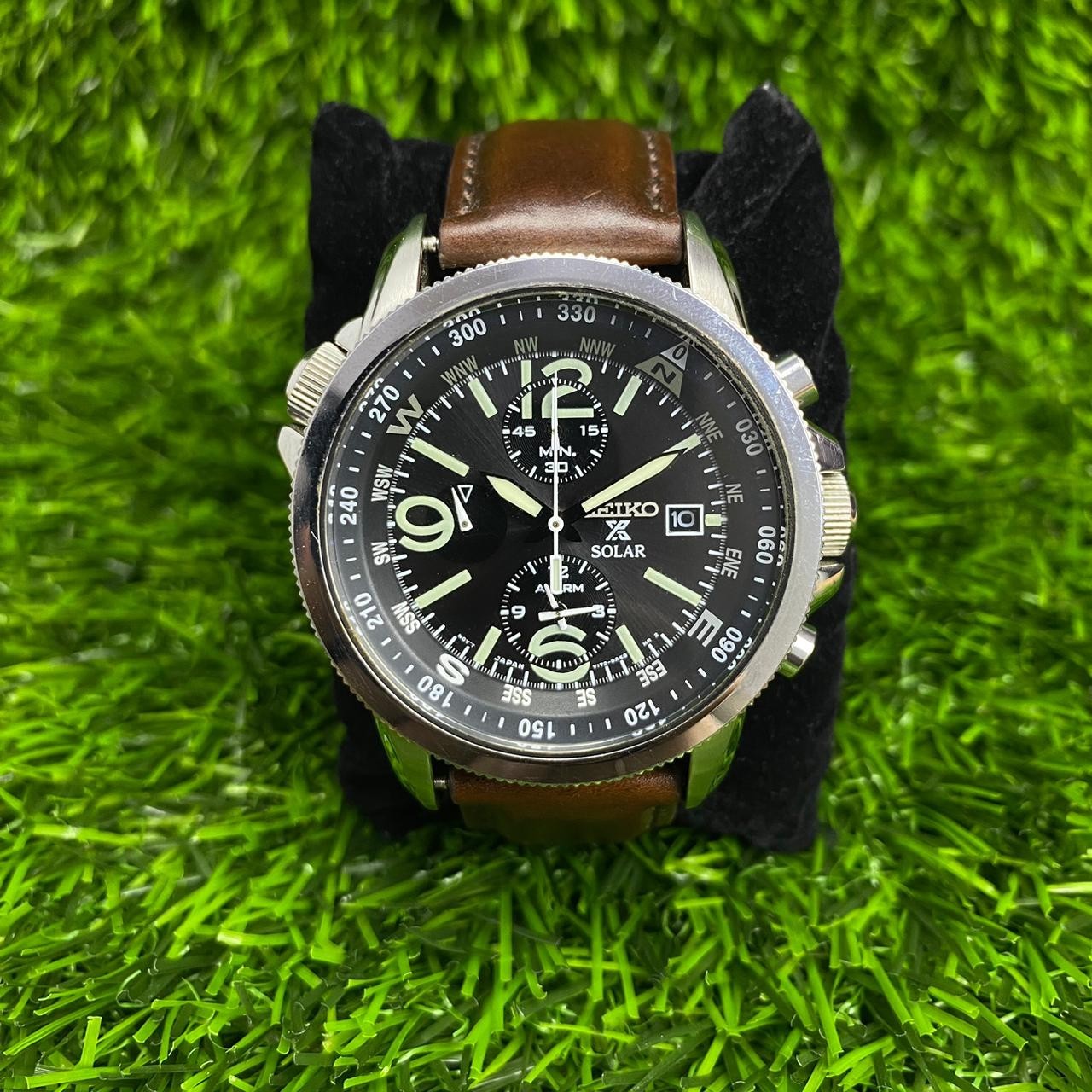 Rare Seiko Prospex Land SSC081P1 Men Solar Chronograph Black Dial Leather Watch image 3