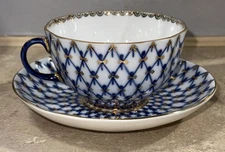 Imperial Porcelain Cobalt Net Lomonosov Tea Cup & Saucer 22k Gold