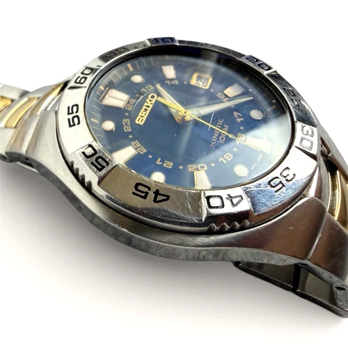 VTG Seiko Kinetic 100M 5M62-0A40 Blue Dial Two Tone Mens Watch Date Japan 10Bar