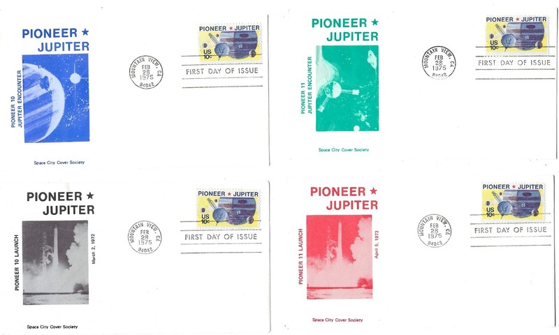 6 '75 FDCs, Pioneer Jupiter 4 Space City Cover Soc. ,  +ArtCraft, Fleetwood