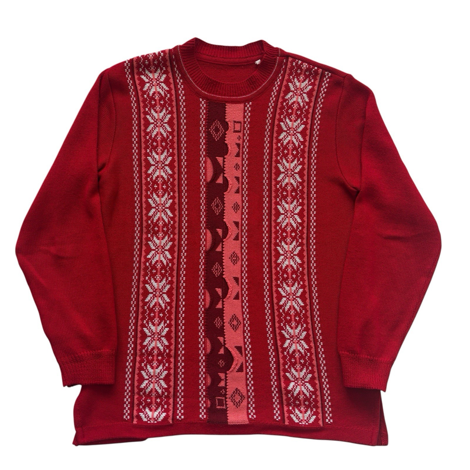 Vintage Womens Jumper Red Patterned Crew Neck Retro Boho 12 image 2