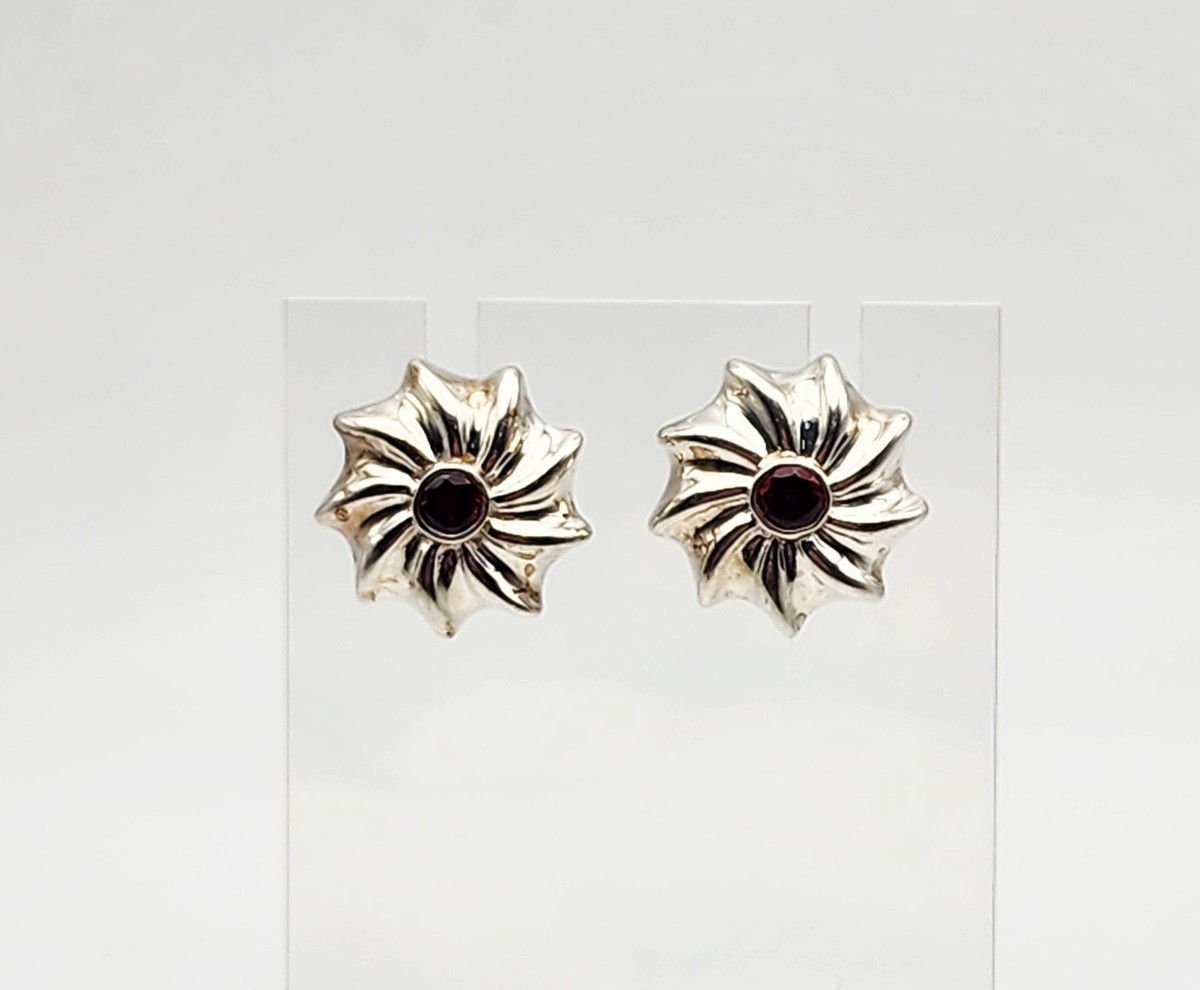 CA Vintage Sterling Silver Garnet Floral Design Stud Earrings View 2