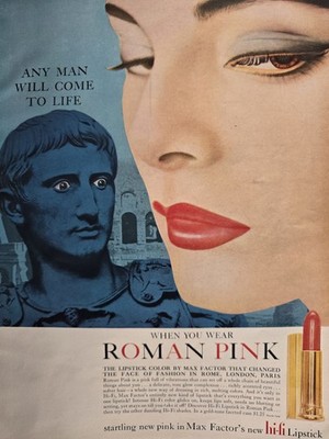 1957 Max Factor Roman Pink Hi-Fi lipstick cosmetic vintage  ad