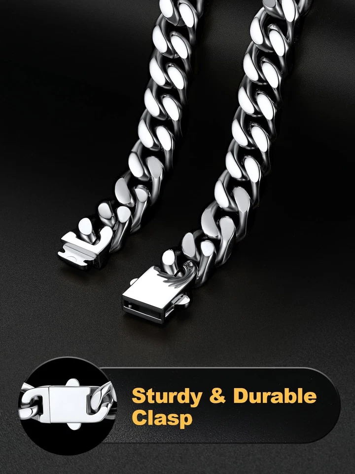 Pulsera de eslabones cubanos para hombre, pulseras de muñeca gruesas de metal plateadas Foto 4 de 4