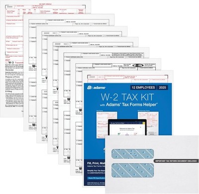Adams W-2 Forms 2025, 6-Part Kit for 12 Recipients, Includes 12 Envelopes, 3 W-3