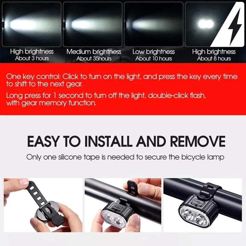 2x Mountain Bike Lights USB Rechargeable Bicycle LED Torch Front Rear + Lamp Set - Image 4 of 4