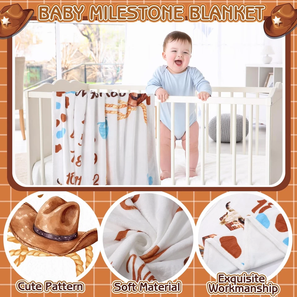Cowboy Baby Boy Milestone Blanket Western Theme Cow Print Baby Growth Chart B... - Image 3 of 4