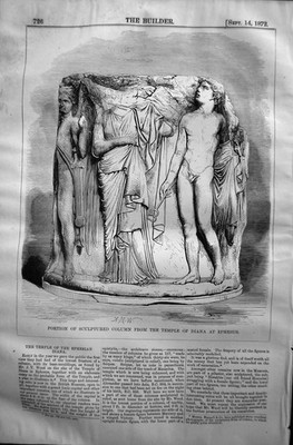Antiker alter Druck Teil Skulptur Säule Tempel Diana Ephesus 1872 Baumeister