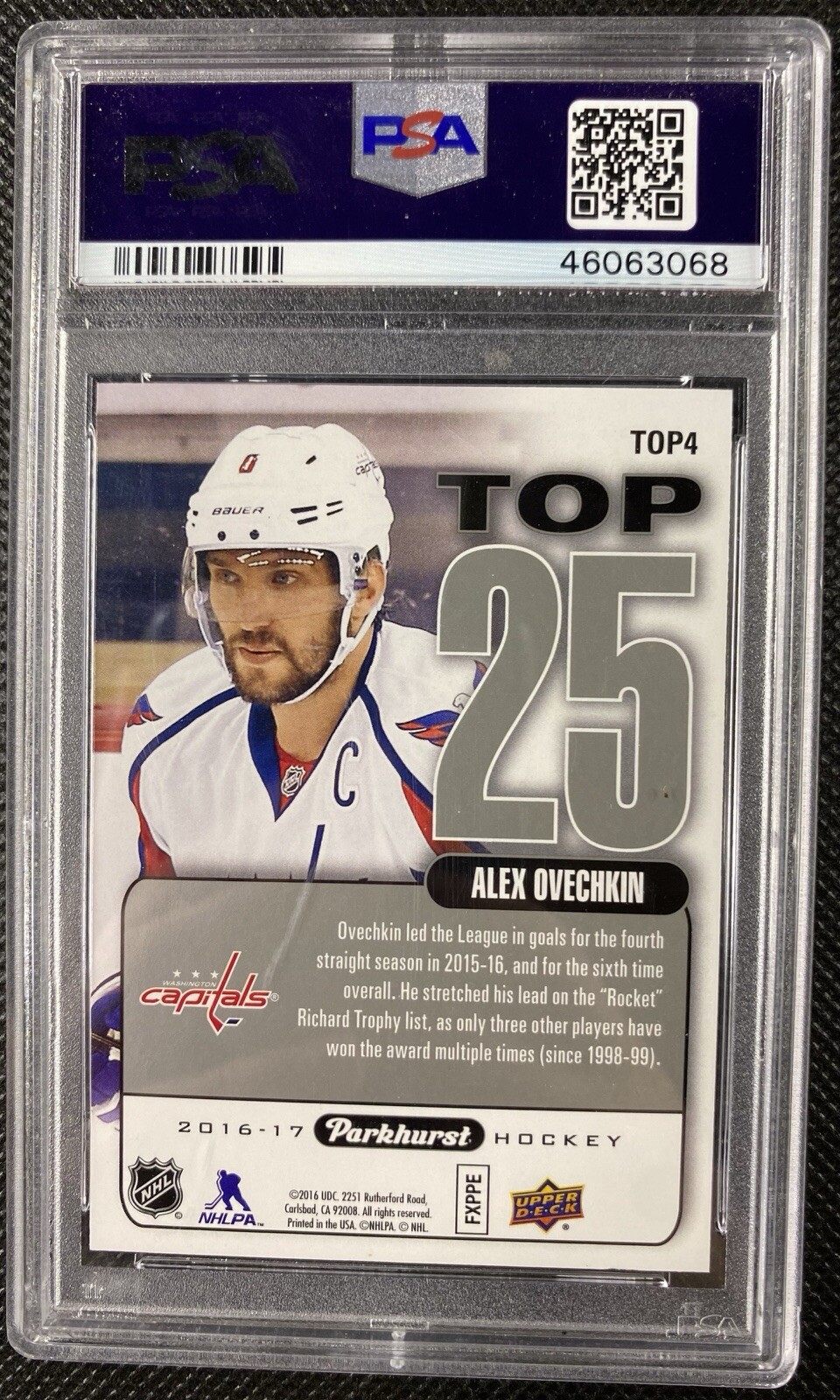 2016-17 Upper Deck Parkhurst Alex Ovechkin Top 25 #TOP4 PSA 10 Washington view 2