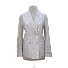 Leith Pinstripe Beige/white Double Breasted Linen Blend Blazer Size Small/medium