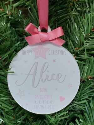 Personalisierte Baby's 1ST erste Weihnachtskugel 2024 Baumschmuck rosa