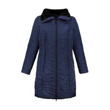 Ulla Popken Long Padded Blue Coat Size 14/16 Faux Fur Collar Quilted Rrp £125