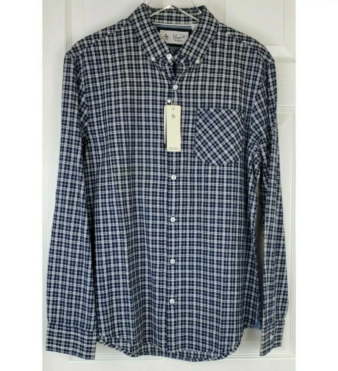 Original penguin textured plaid long sleeve button front casual shirt sapphire