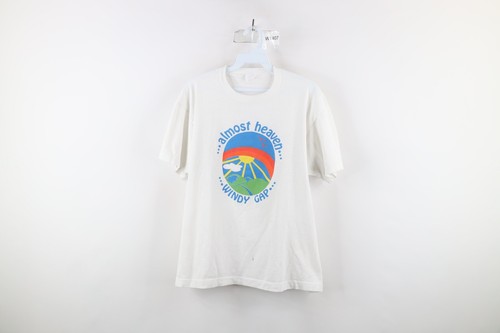 Vintage 80s Mens Small Distressed Almost Heaven Windy Gap T-Shirt White USA