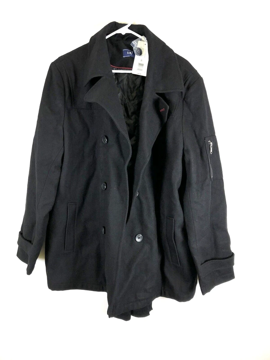 IZOD Mens Double Breasted Wool Peacoat Black Size Large