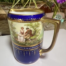 ANTIQUE  ROYAL VIENA CREAMER COBALT BLUE HAND PAINTED -3 COURTING SCENE AROUND