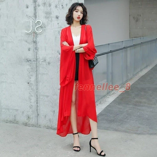 Damen Transparent Chiffon Kimono Lange Jacke Cardigan Schal Achselzucken Bolero Sommer Strand - Bild 11 von 25