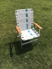 HIGH BACK FOLDING ALUMINUM WEBBED LAWN CHAIR, WHITE W/ BLUE STRIPE, WOODEN ARMS